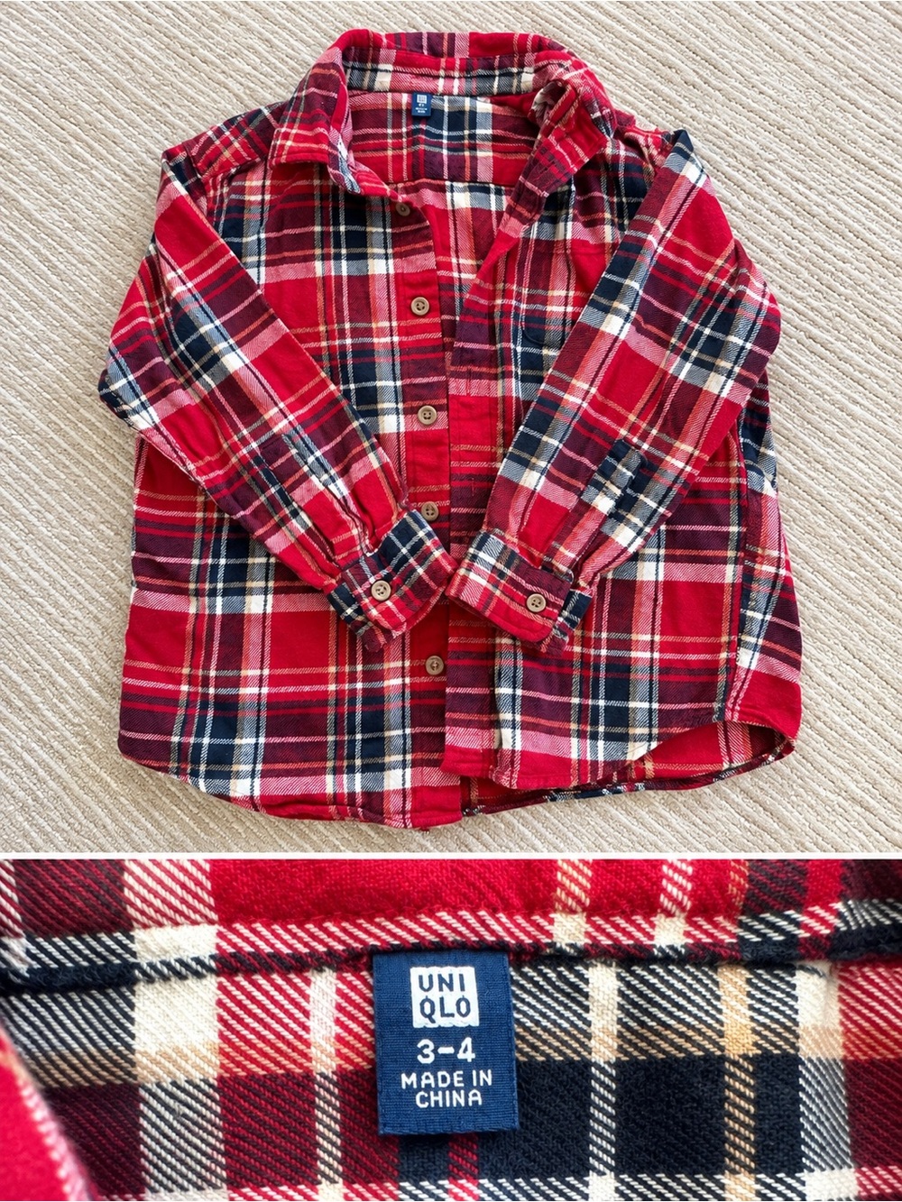 Uniqlo Red Navy Plaid Button-Down Shirt for Kids
